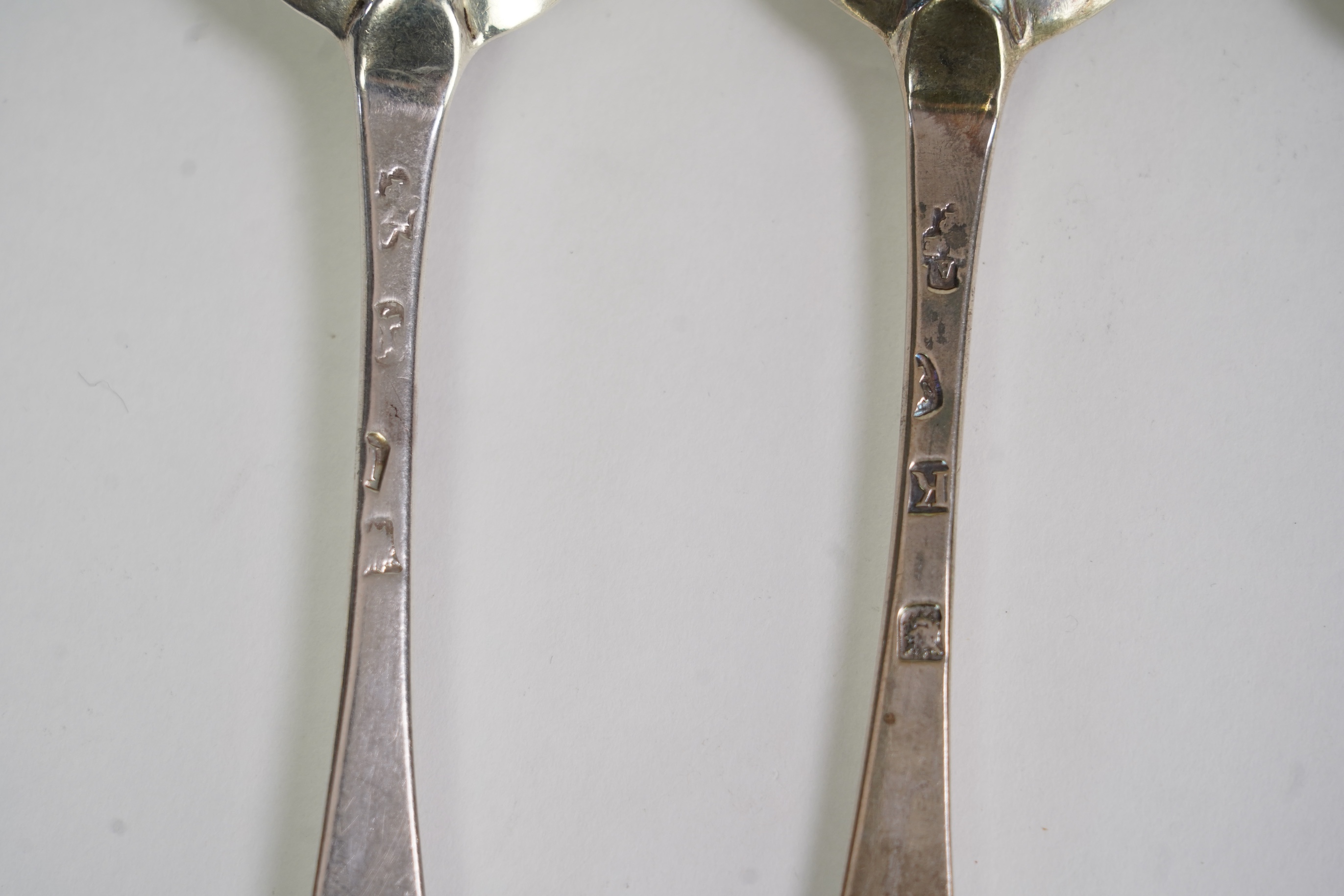 A set of six late George I silver Hanoverian rat tail table spoons, by Hugh Arnott & Edward Pocock